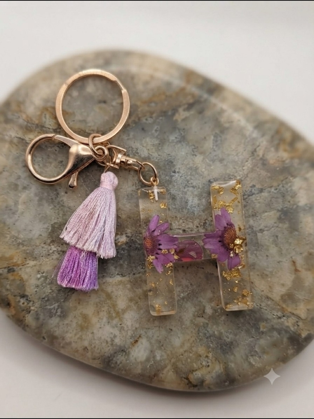 Pressed Flowers Resin 'H' Keychain with Tassel